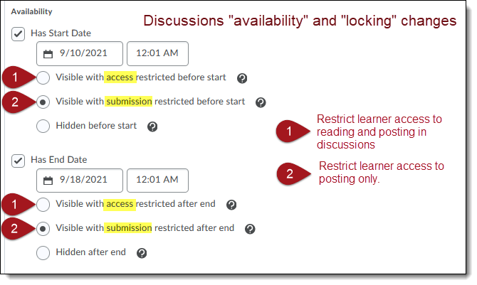 Picture of D2L Discussions availability setting changes